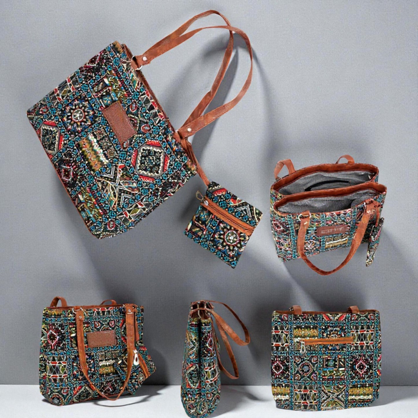 Women’s Embroidered Tote Bag with Leather Handles & Zip Pockets