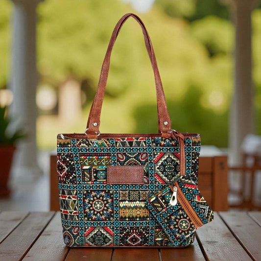 Women’s Embroidered Tote Bag with Leather Handles & Zip Pockets