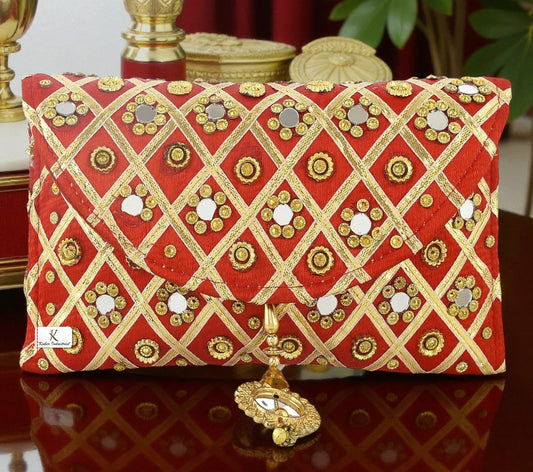 Women’s Silk Traditional Mirror Work Envelope Clutch Purse
