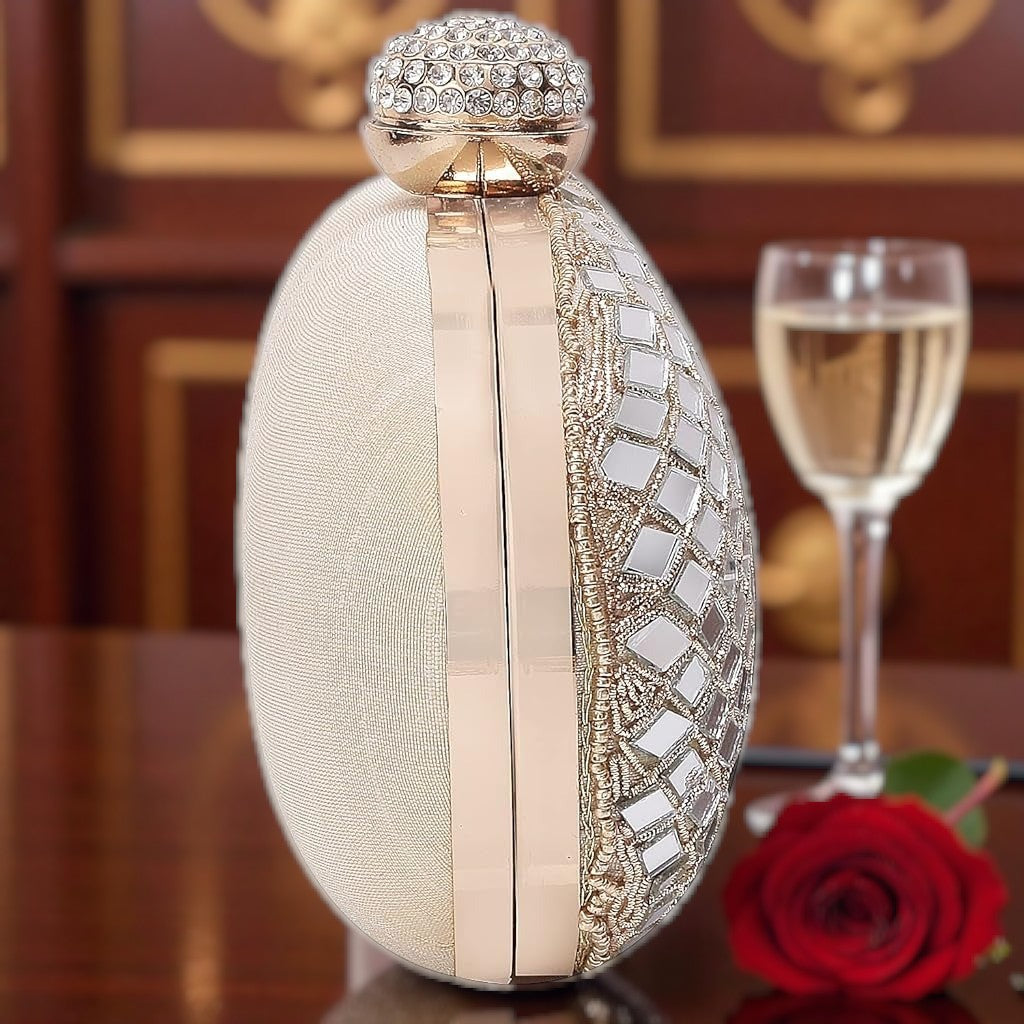 Women’s Silver Mirror Work Oval Designer Traditional Clutch