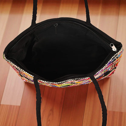 Women’s Embroidery Rajasthani Mirror Work Cotton Tote Bag with Zip