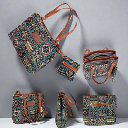 Women’s Embroidered Tote Bag with Leather Handles & Zip Pockets