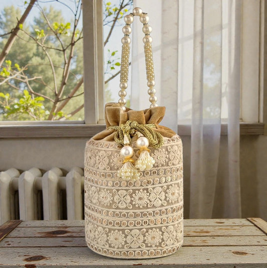 Hand-Embroidered Velvet Potli Bag with Pearl Bead Handle | Lucknowi Wallet for Wedding & Party Gift