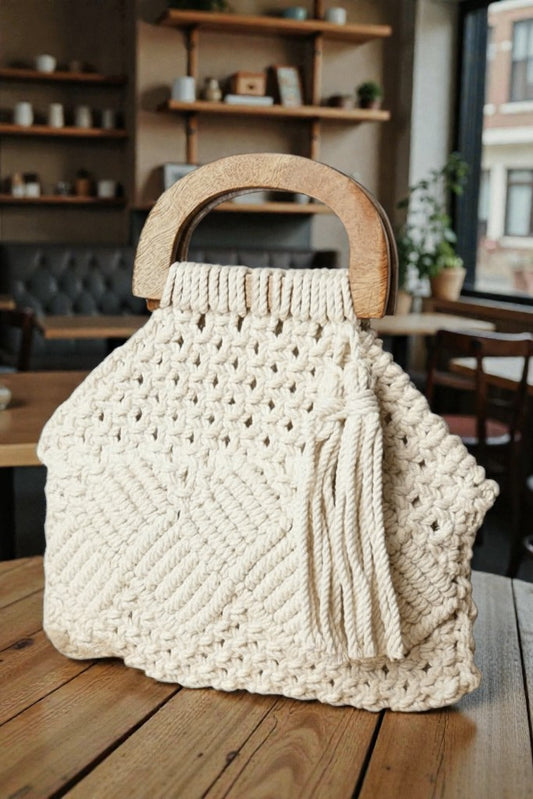 Handmade Macrame Boho Cotton Handbag with Solid Wood Handle | Women's Fashion Weave Bag