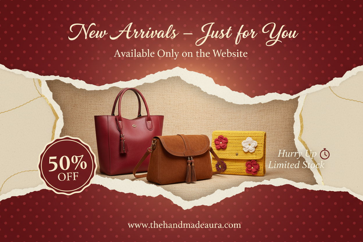  Create a stylish banner for “The Handmade Aura”, an online store for ladies handmade bags.
Theme: Red & elegant, with polka-dot background and torn paper collage of handbags (red, brown, yellow).
Text to include:

“New Arrivals – Just for You”

“Available Only on the Website”

“Hurry Up – Limited Stock”

“50% OFF” badge

“www.thehandmadeaura.com”

