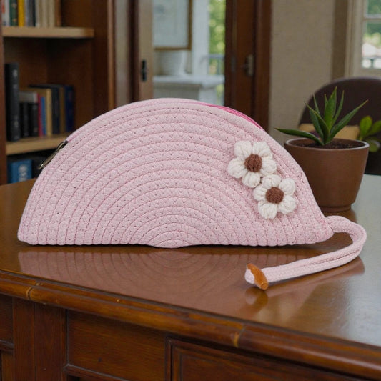 Pink Woven Half-Moon Clutch Bag with Flower Appliques | Women's Summer Wristlet