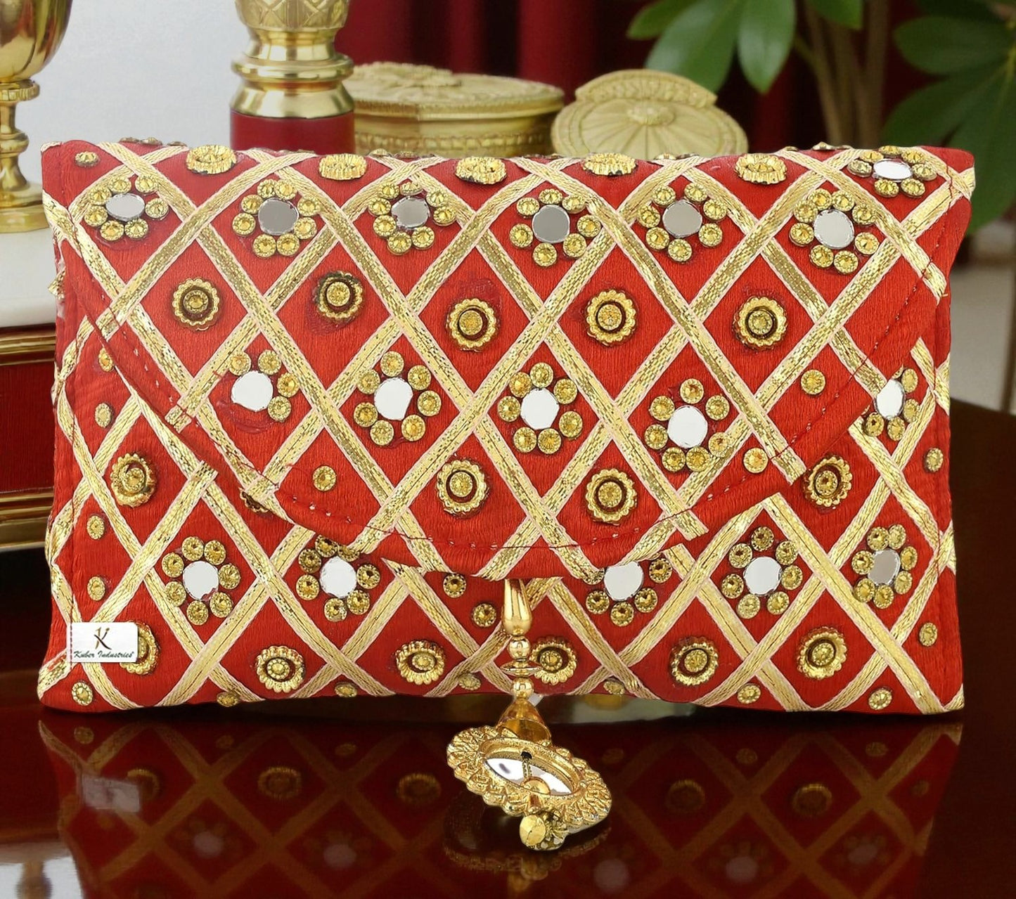 Women’s Silk Traditional Mirror Work Envelope Clutch Purse