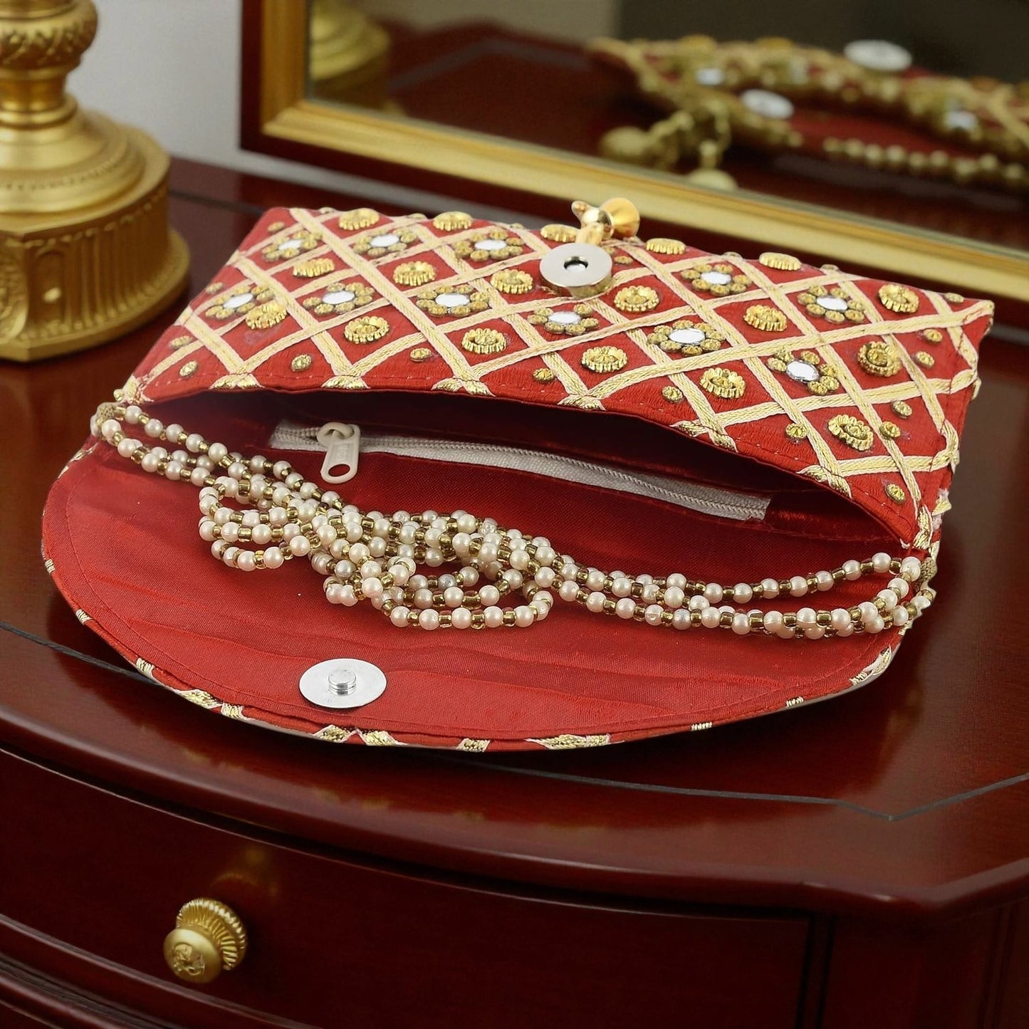 Women’s Silk Traditional Mirror Work Envelope Clutch Purse