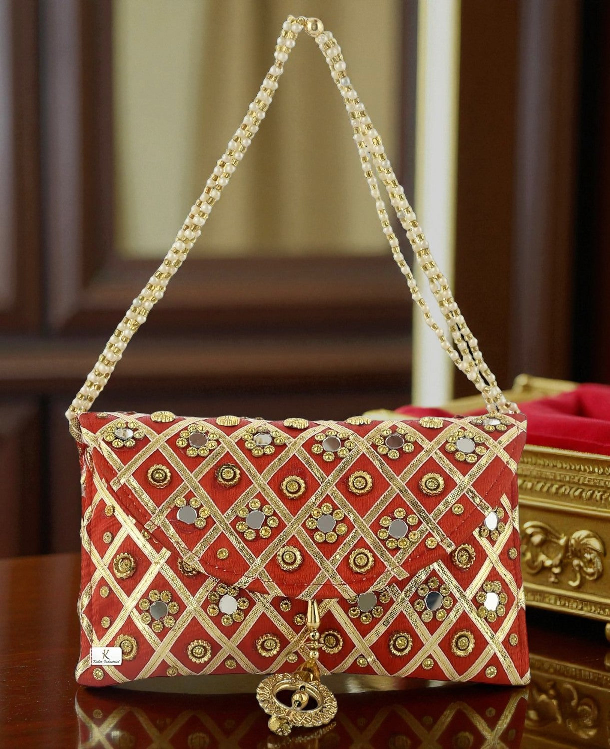 Women’s Silk Traditional Mirror Work Envelope Clutch Purse