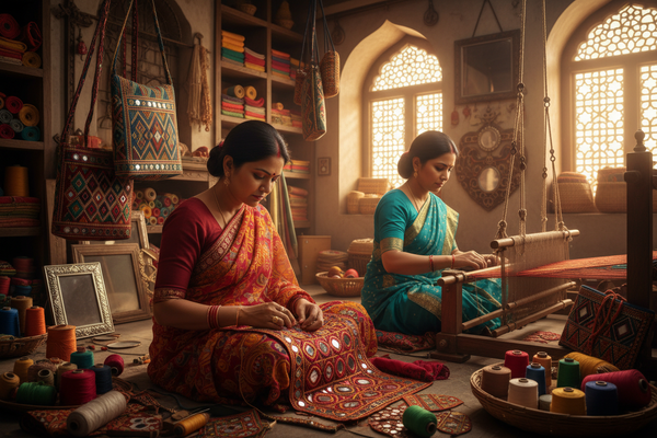 SHOWCASE INDIAN WOMEN MAKING MIRROR AND WOVEN SHOULDER BAG