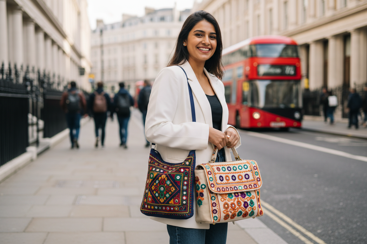 showcase london girl showcasing one indian handmade shoulder bag and one carrying hand bag with mirror work,and she smile