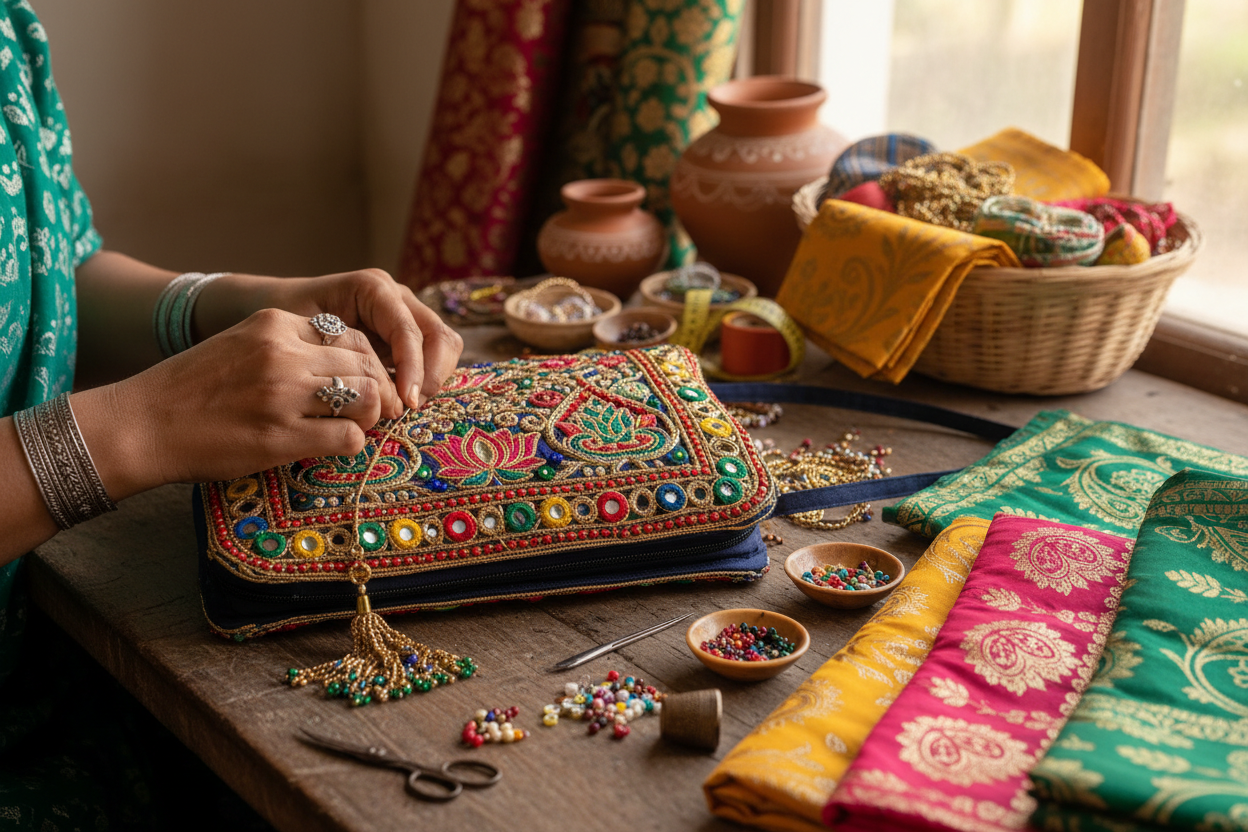 showcase making of indian handcrafted handbags for womens