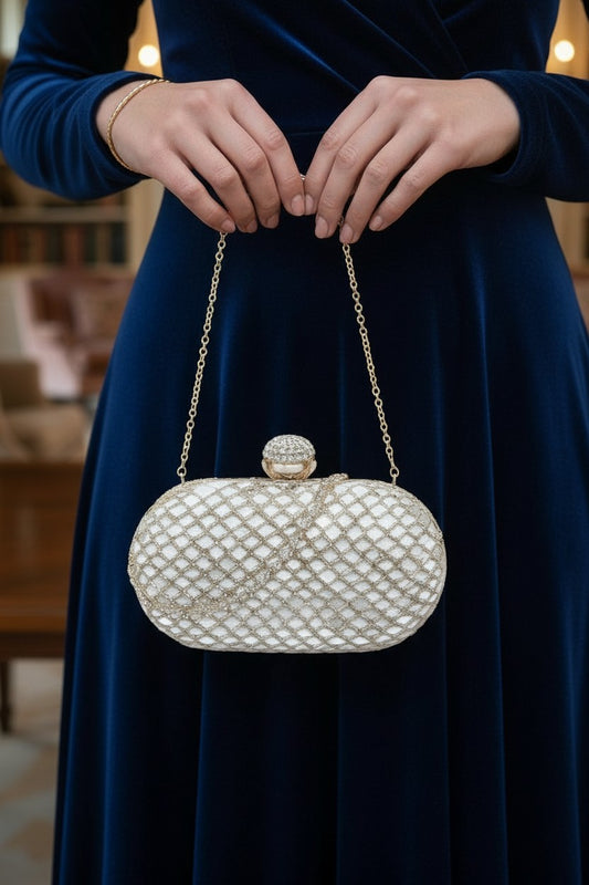 Women’s Silver Mirror Work Oval Designer Traditional Clutch