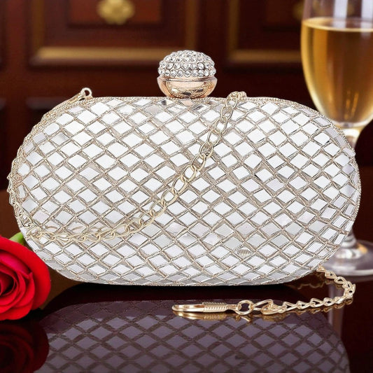 Women’s Silver Mirror Work Oval Designer Traditional Clutch