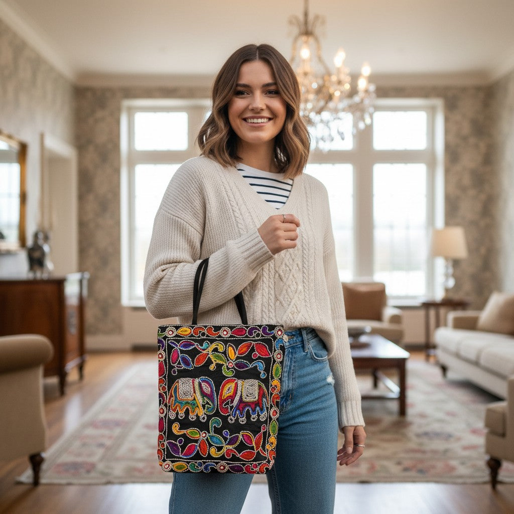 Women’s Embroidery Rajasthani Mirror Work Cotton Tote Bag with Zip