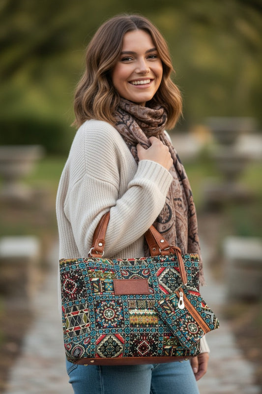 Women’s Embroidered Tote Bag with Leather Handles & Zip Pockets